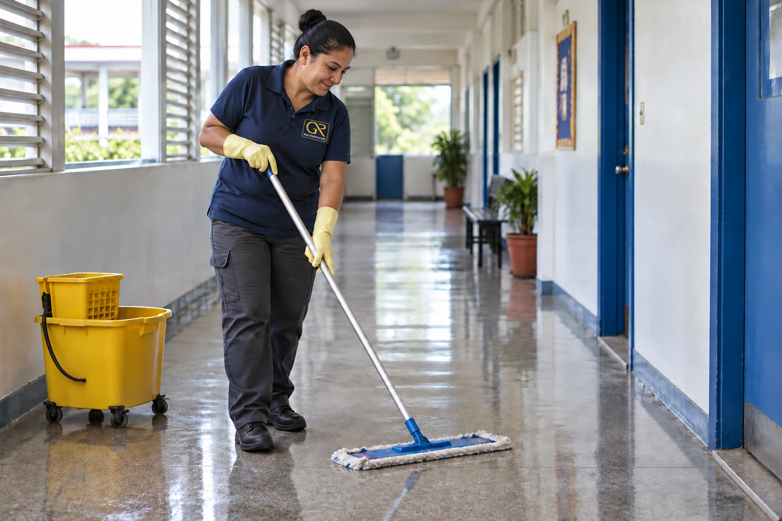 Profesional limpiando el piso de un corredor escolar